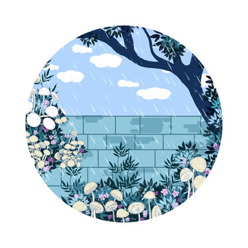 蓝色小清新雨天花园手绘元素