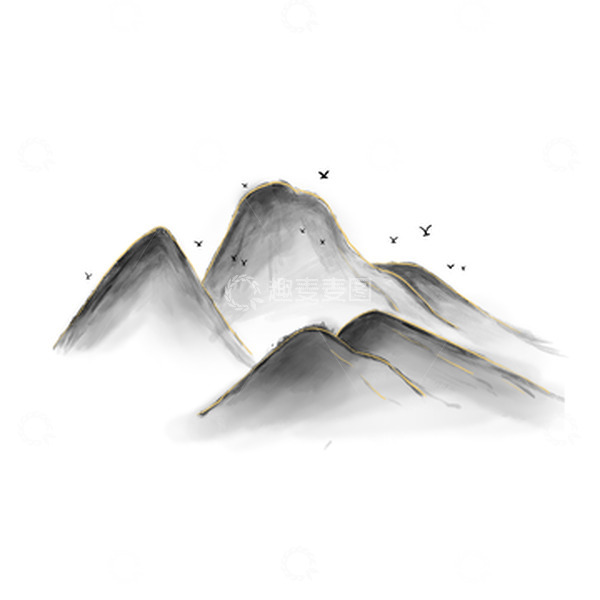 源文件下载【趣麦麦图】手绘黑色中国风水墨山水画金线勾边装饰