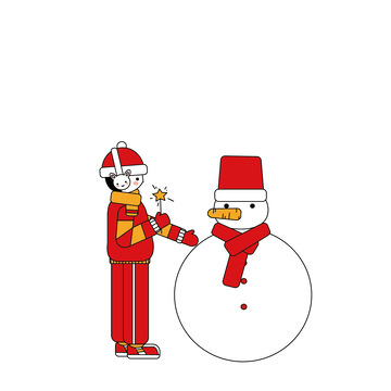 红色喜庆冬日孩童堆雪人插画元素
