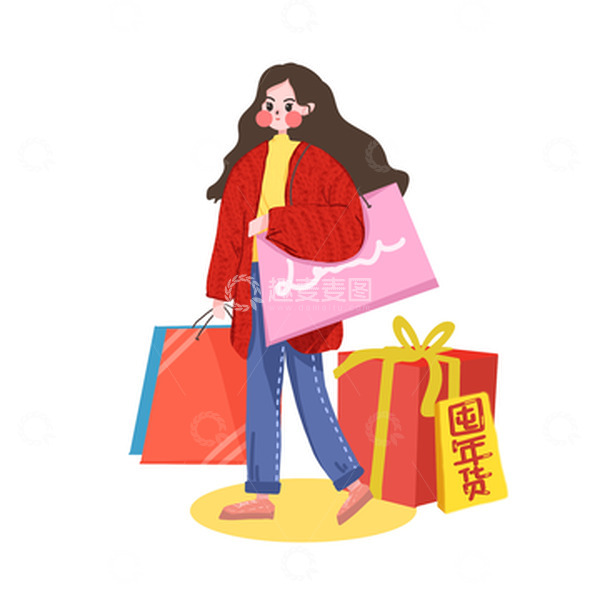 源文件下载【趣麦麦图】手绘卡通春节囤年货购物人物女孩扁平风