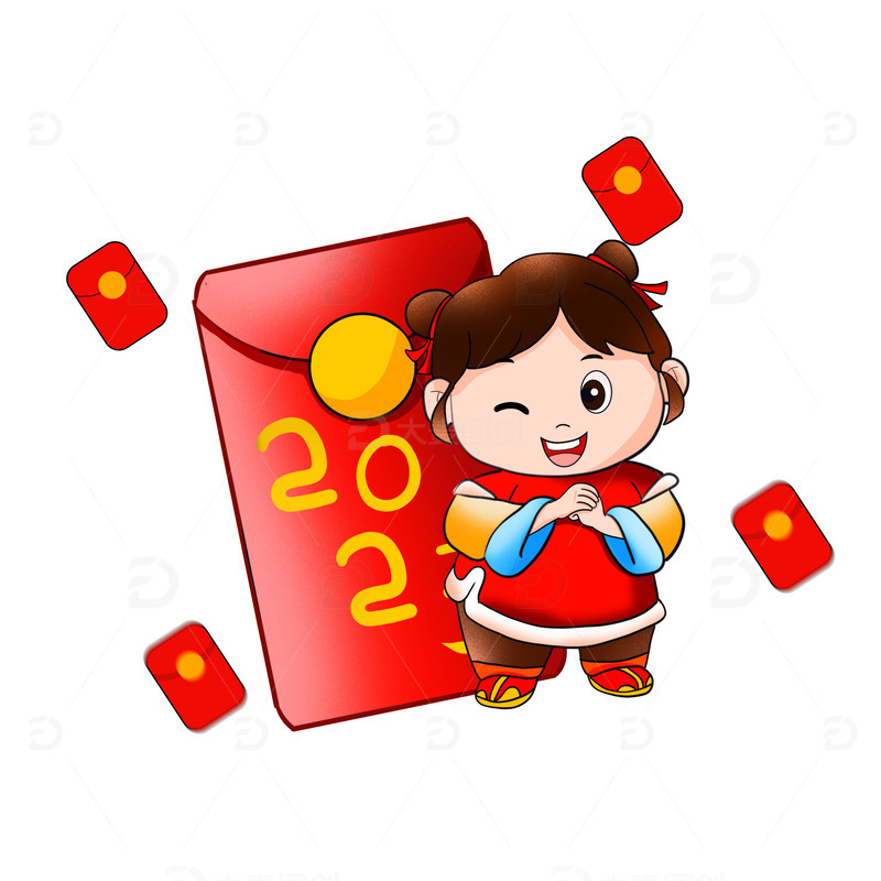 源文件下载【趣麦麦图】红色除夕新年拜年红包小孩手绘插画