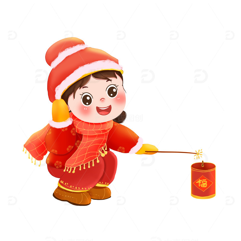 红色喜庆可爱手绘卡通放鞭炮烟花的女孩人物