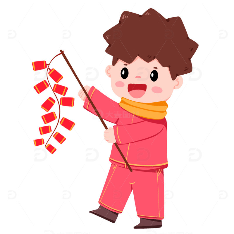 手绘红衣男孩元旦放鞭炮