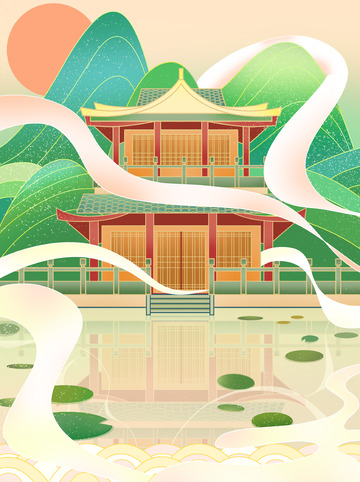 国潮建筑背景山水图