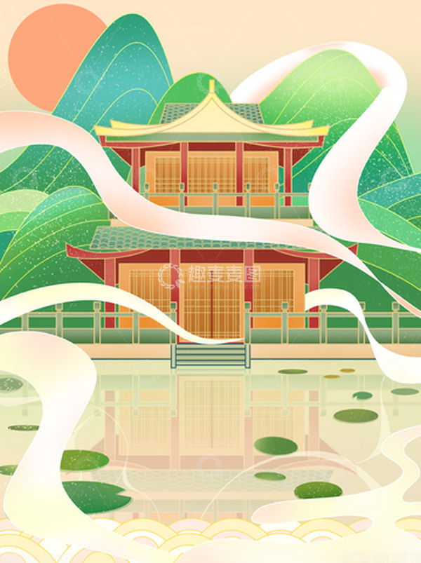 源文件下载【趣麦麦图】国潮建筑背景山水图