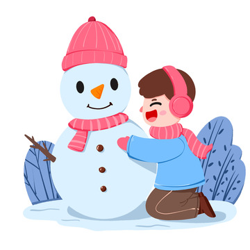冬季小男孩快乐堆雪人