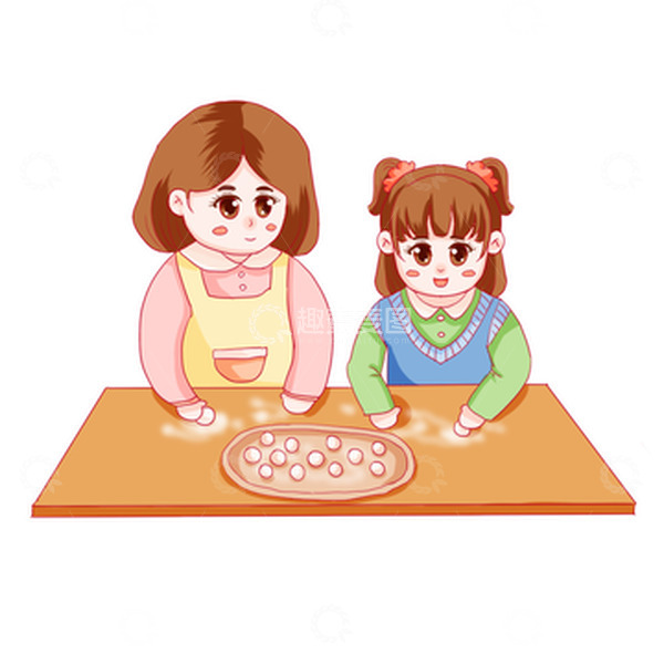源文件下载【趣麦麦图】元宵汤圆包汤圆闹元宵母女过年手绘
