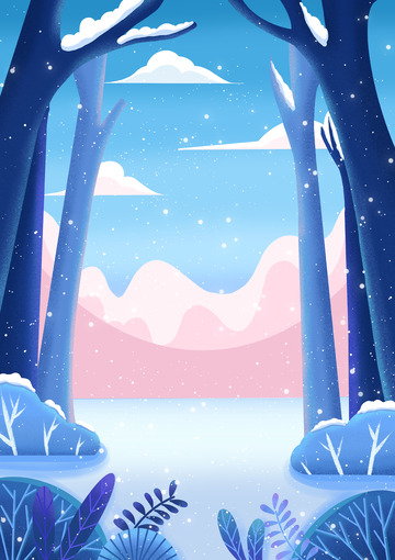蓝色小清新冬天大寒小寒雪景扁平简约风背景