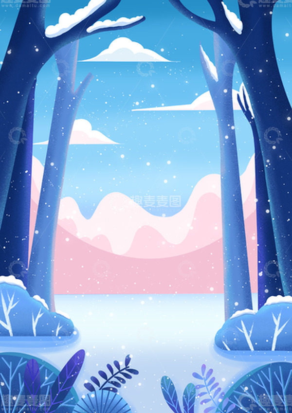 源文件下载【趣麦麦图】-蓝色小清新冬天大寒小寒雪景扁平简约风背景