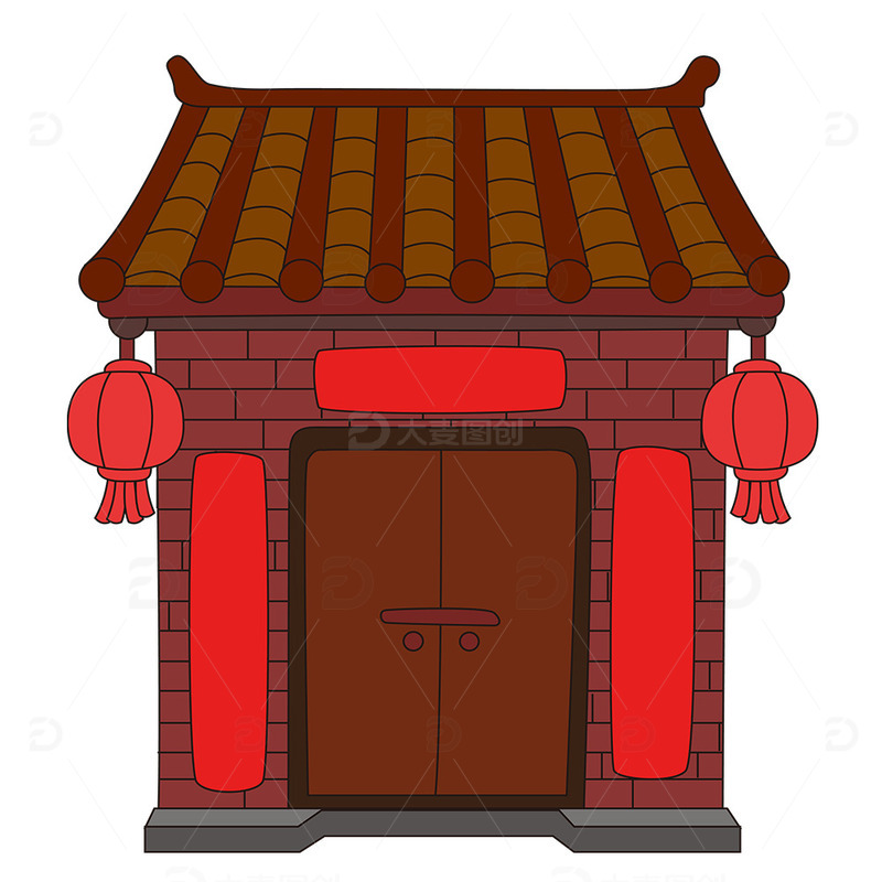 红色卡通砖瓦房子扁平图