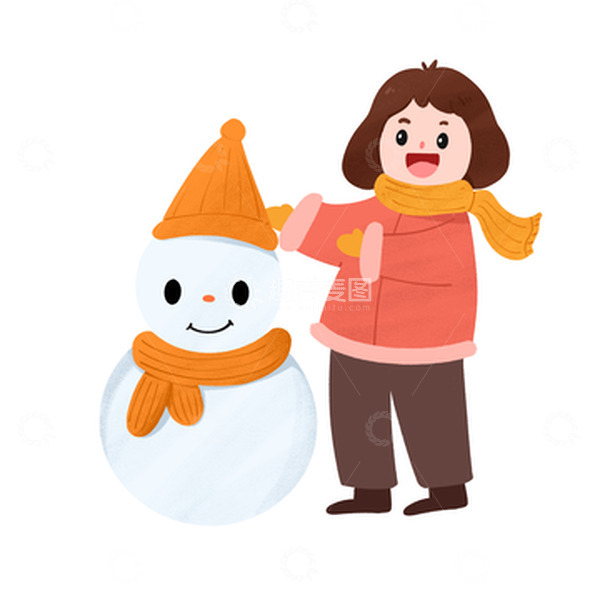 源文件下载【趣麦麦图】冬天雪地创意场景女孩堆雪人手绘图