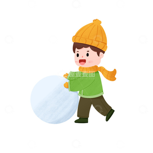 源文件下载【趣麦麦图】-大寒小寒冬天男孩滚雪球手绘图