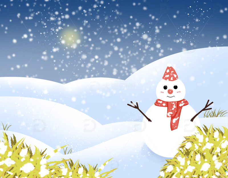 冬天春节背景夜景雪人下雪手绘图