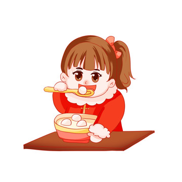 元宵吃汤圆汤圆小女孩手绘过年