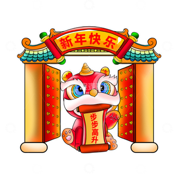 源文件下载【趣麦麦图】手绘红色喜庆除夕新年可爱小狮子年兽插画