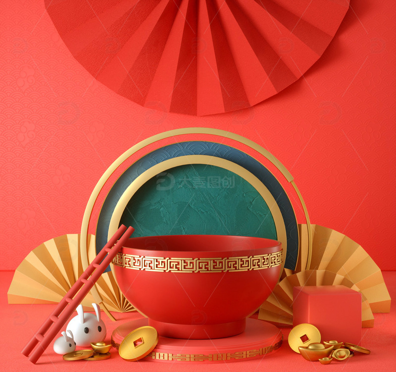 源文件下载【趣麦麦图】红色C4D元宵节展台海报背景