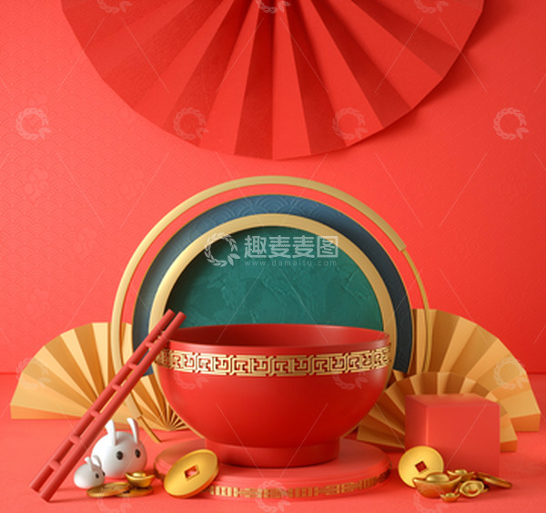 源文件下载【趣麦麦图】-红色C4D元宵节展台海报背景