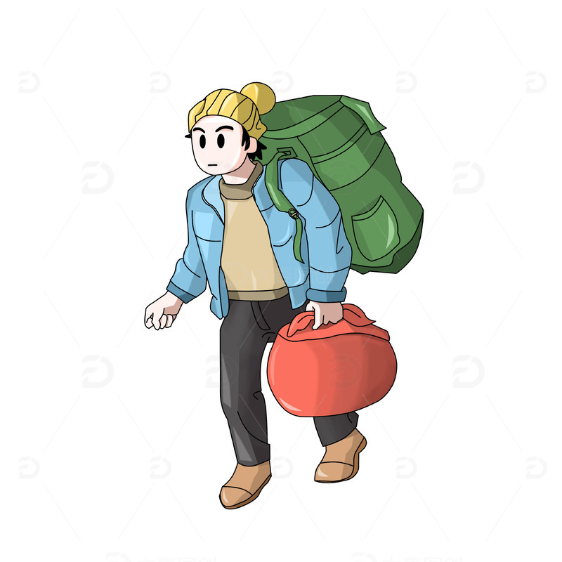 春运背绿色行李回家的男人