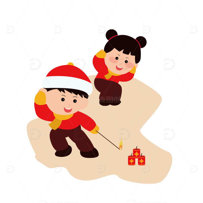 卡通新年小女孩小男孩放鞭炮