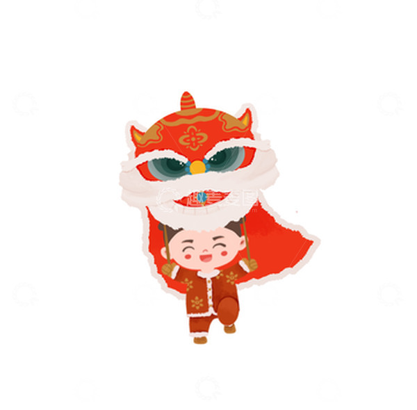 源文件下载【趣麦麦图】红色卡通舞狮女孩元宵节手绘图