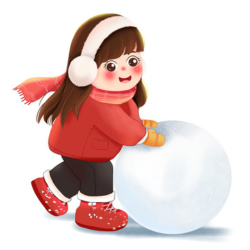 冬天下雪滚雪球可爱卡通女孩人物雪人大雪