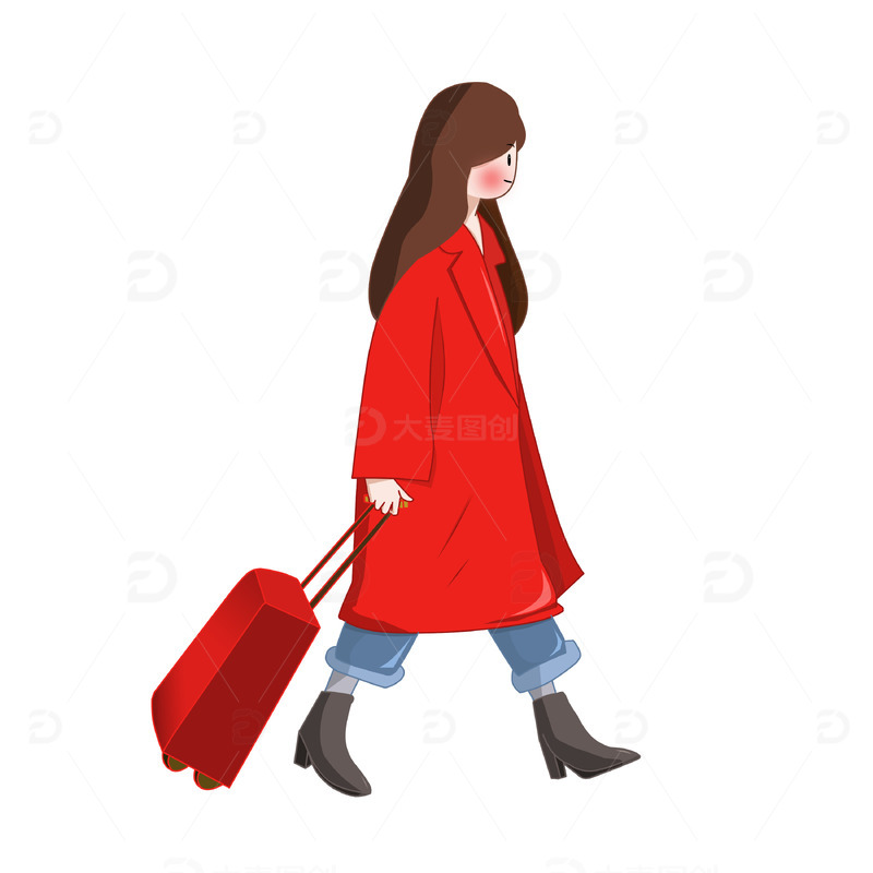 穿红色衣服拖行李箱回家的女人