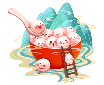 手绘国潮元宵可爱汤圆插画场景海报装饰元素