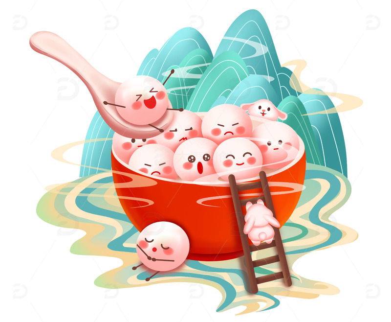 手绘国潮元宵可爱汤圆插画场景海报装饰元素