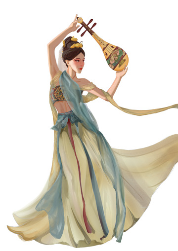 敦煌莫高窟仙女飞天反弹琵琶手绘插画