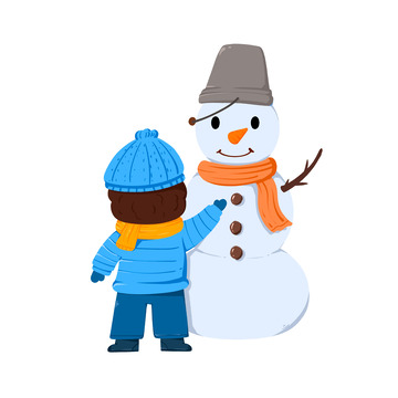 手绘蓝衣小男孩堆雪人