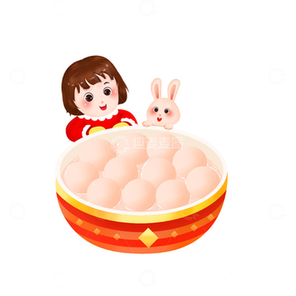 源文件下载【趣麦麦图】-手绘汤圆小女孩兔子元宵节元素