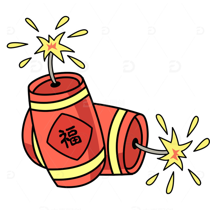 红色卡通爆竹新年元素