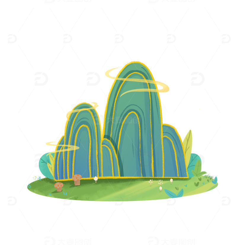 源文件下载【趣麦麦图】绿色 国潮 假山 植物 扁平风 插画元素