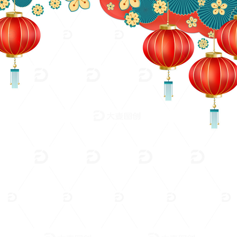 源文件下载【趣麦麦图】春节元宵元旦灯笼折扇梅花海报装饰