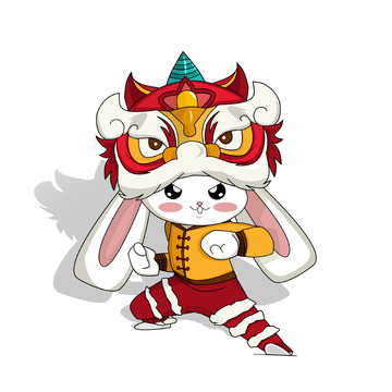 新春带狮头帽子的卡通功夫兔子