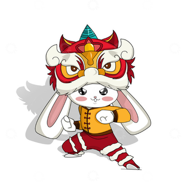 源文件下载【趣麦麦图】新春带狮头帽子的卡通功夫兔子