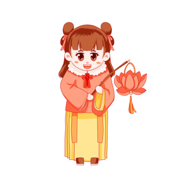 元宵灯笼赏花灯莲花灯小女孩古风汉服