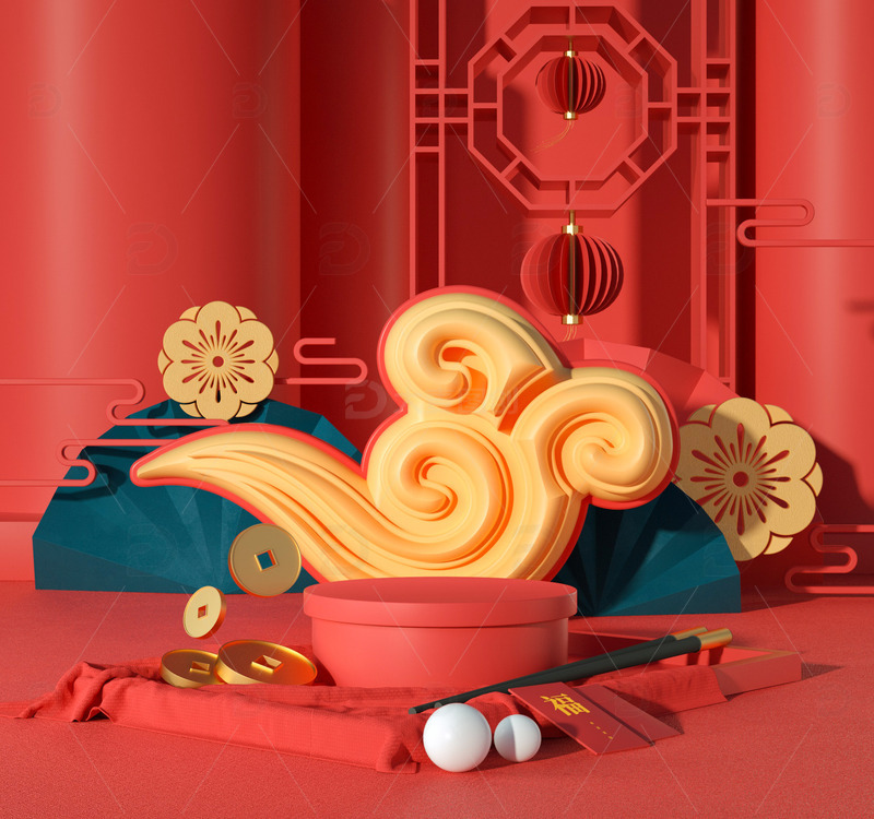 源文件下载【趣麦麦图】红色C4D中国风元宵海报背景