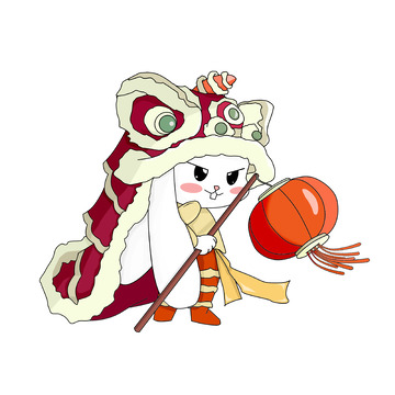 新春兔年带狮子头拿着灯笼的兔子