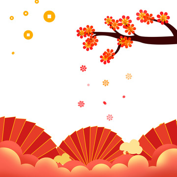 中国风底部纹理装饰国潮新年红梅金红祥云