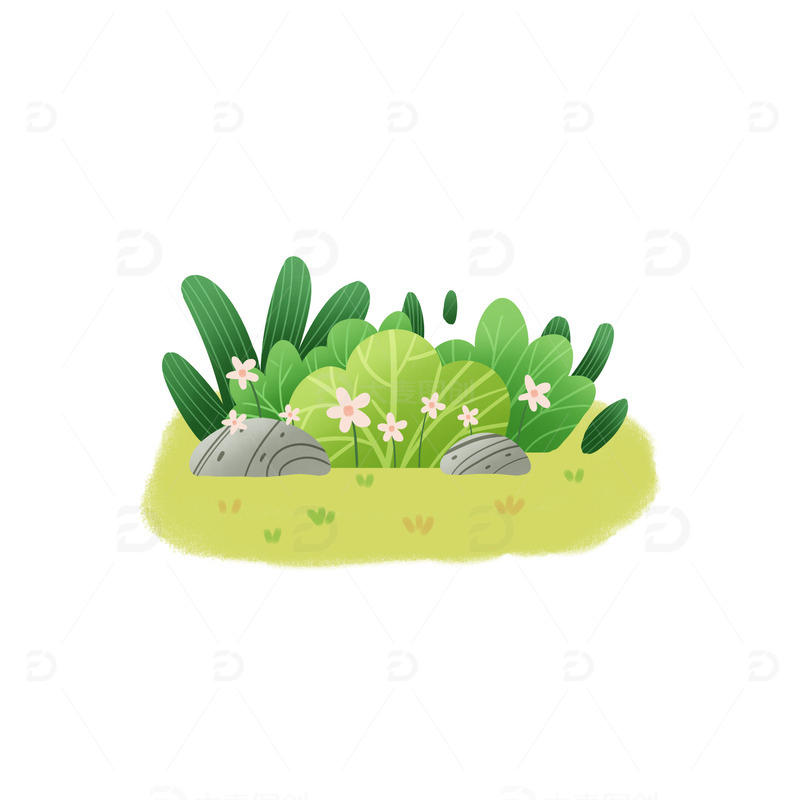 手绘植物绿色草堆小场景插画