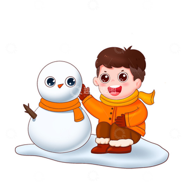 源文件下载【趣麦麦图】橙衣服男孩蹲着堆雪人免抠元素