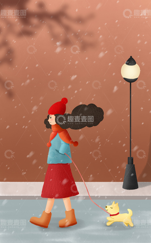 源文件下载【趣麦麦图】冬季小清新人物遛狗的女孩