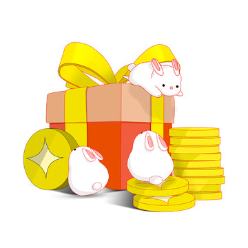 兔年元旦礼盒金币铜钱白色兔子