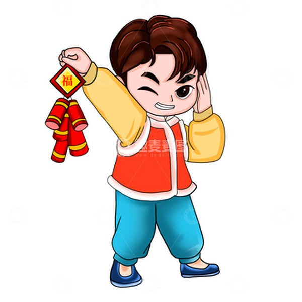 源文件下载【趣麦麦图】手绘放鞭炮的小男孩手绘插画新年春节元宵