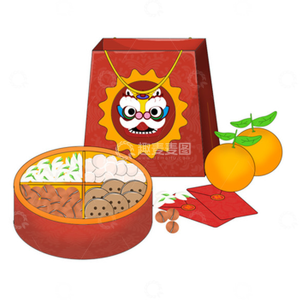 源文件下载【趣麦麦图】喜庆年货礼物坚果橙子红包手绘春节过年元素