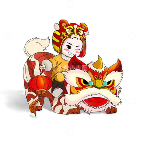 源文件下载【趣麦麦图】骑着狮子带虎头帽拿着灯笼的新春卡通男孩