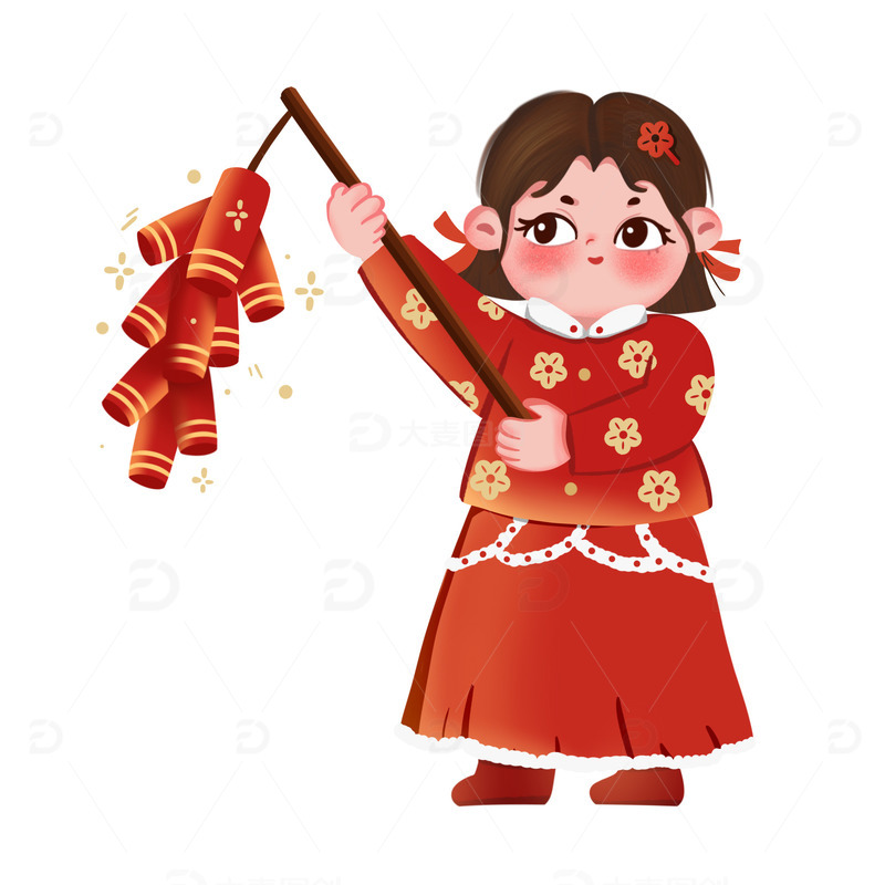 红色可爱小女孩过年习俗放鞭炮插画