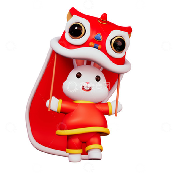 源文件下载【趣麦麦图】3D新年舞狮子的兔子