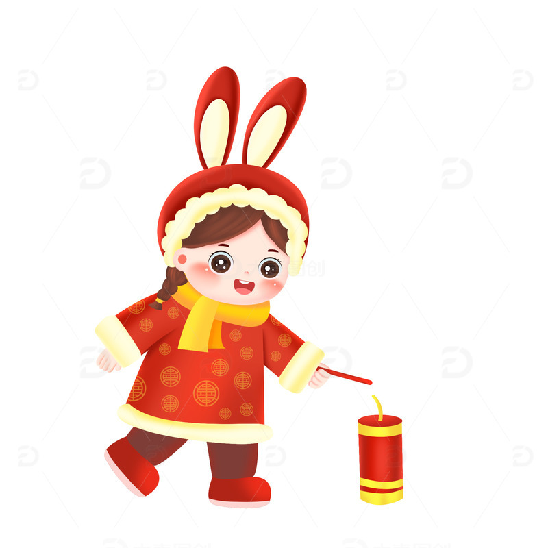 除夕新年福娃小女孩放鞭炮元素